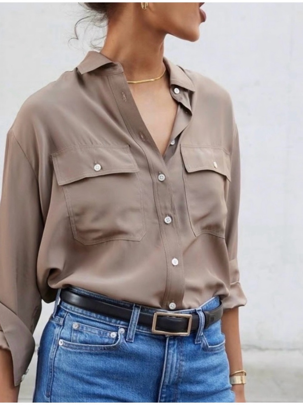 NWOT AYR The Military Deep End 100% Silk Button Down Shirt Shiitake Brown XS